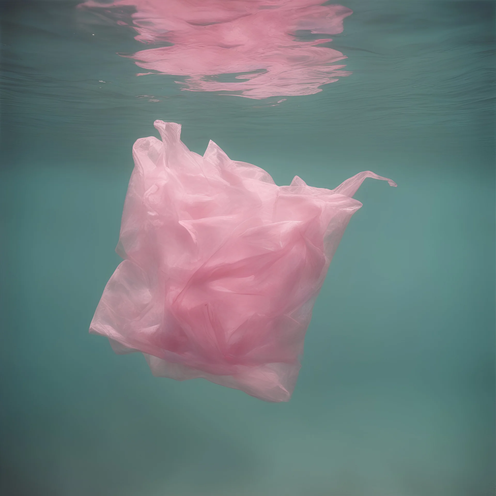 Pink plastic bag underwater in the 1970s, analog photography with white, damaged