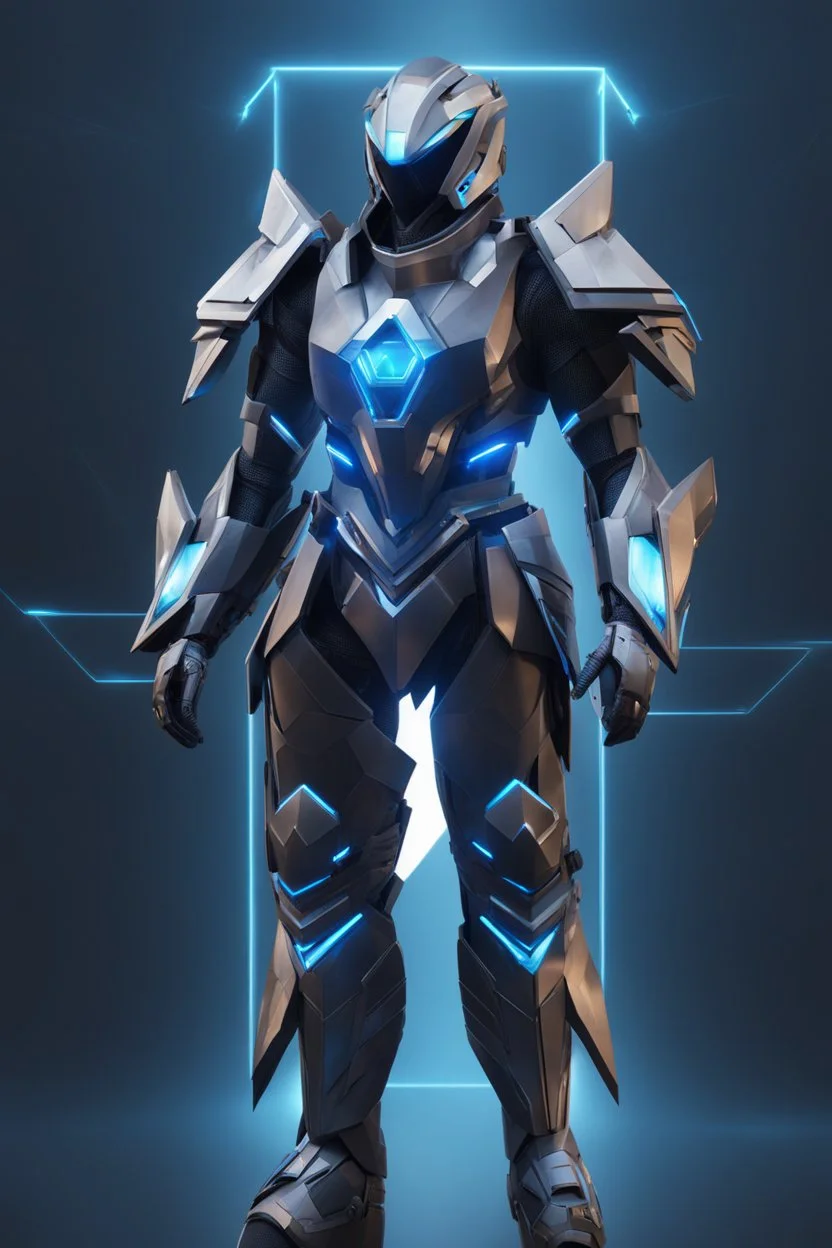 neon blue, flying parts of armor in form of triangles, cyber armor, geometric patterns on armor, male, orbiting triangle, armor drones