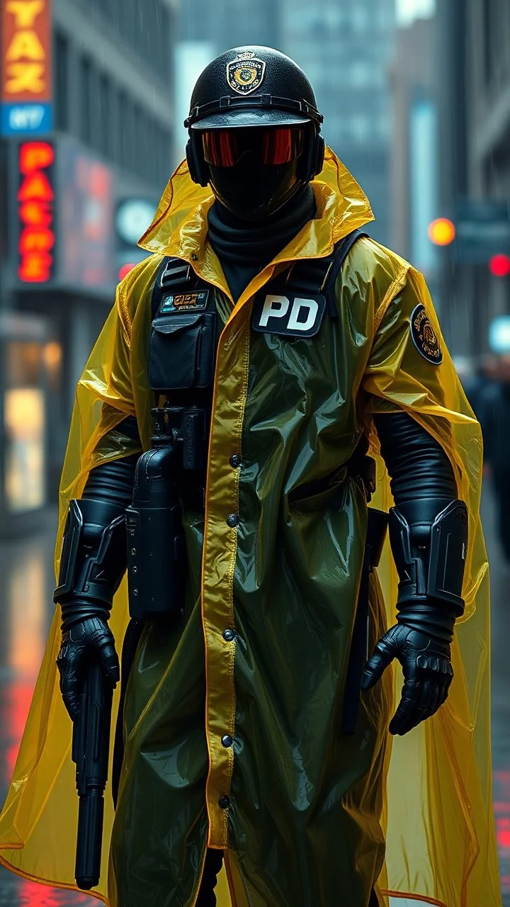 retro futurist, nypd full body color 1920 black policeman with external exoskeleton wtih heavy yellow rain transparent coat