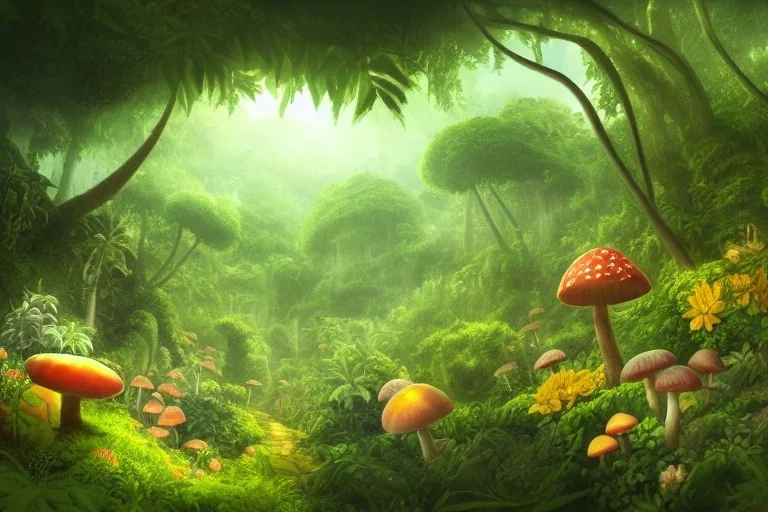 jungle on an flowers, fruits and mushrooms, wideangle view, volumetric lighting, volumetric clouds, small minutiae, tiny features, particulars, precise pencil outlines, sharp lines, cinematic art