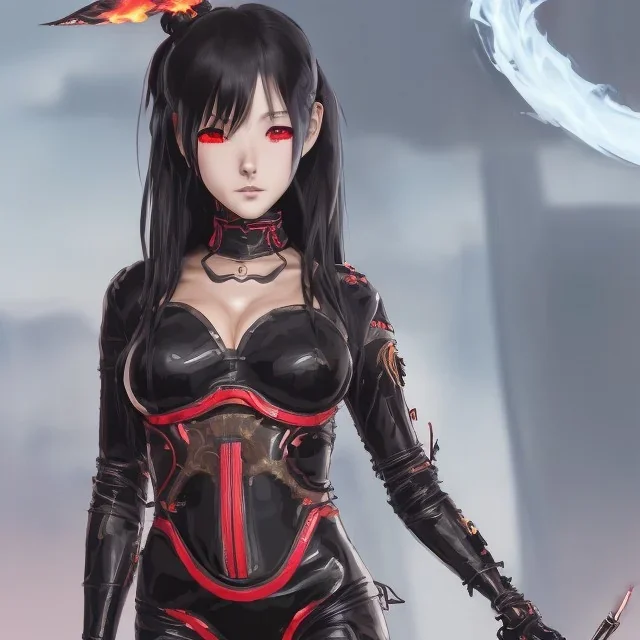 Detailed cute anime Kunoichi female demon looking behind her in a fire, black latex bodysuit, intricate details, full body portrait, keep head in frame, slight smile, black Japanese motif, concept art, highly detailed, digital painting, concept art, sharp focus, illustration, art by Yoji Shinkawa, WLOP and greg rutkowski and alphonse mucha and artgerm and yanjun Chen and Junji ito and Makoto Shinkai, HDR, octane render