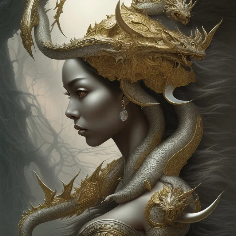 sango fantasy, fantasy magic, intricate, sharp focus, illustration, highly detailed, digital painting, concept art, matte, artgerm and paul lewin and kehinde wiley, masterpiece silver dragon head golden Asian nice breast Afo woman black waves