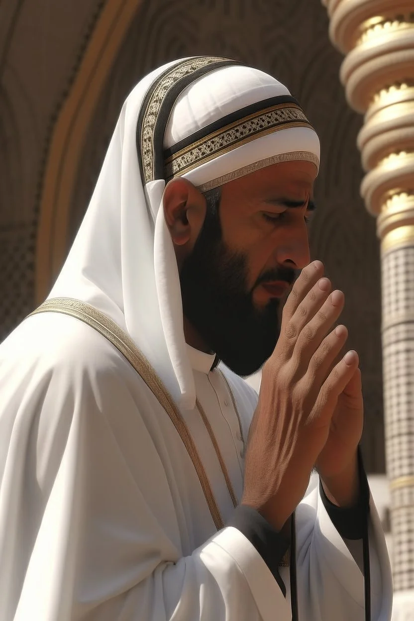 A picture of a Muslim man giving the call to prayer in Mecca