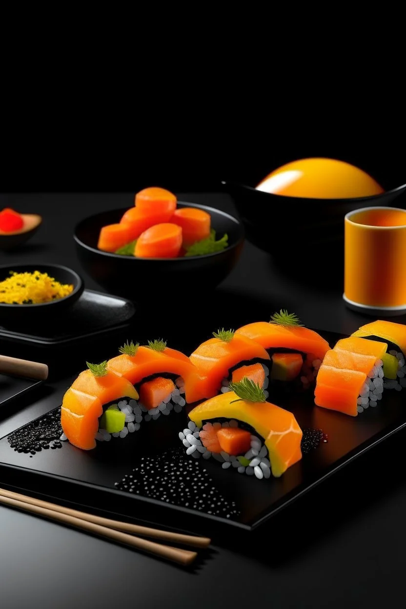 Resturant menu of sushi, sushi in the backround, black and orange