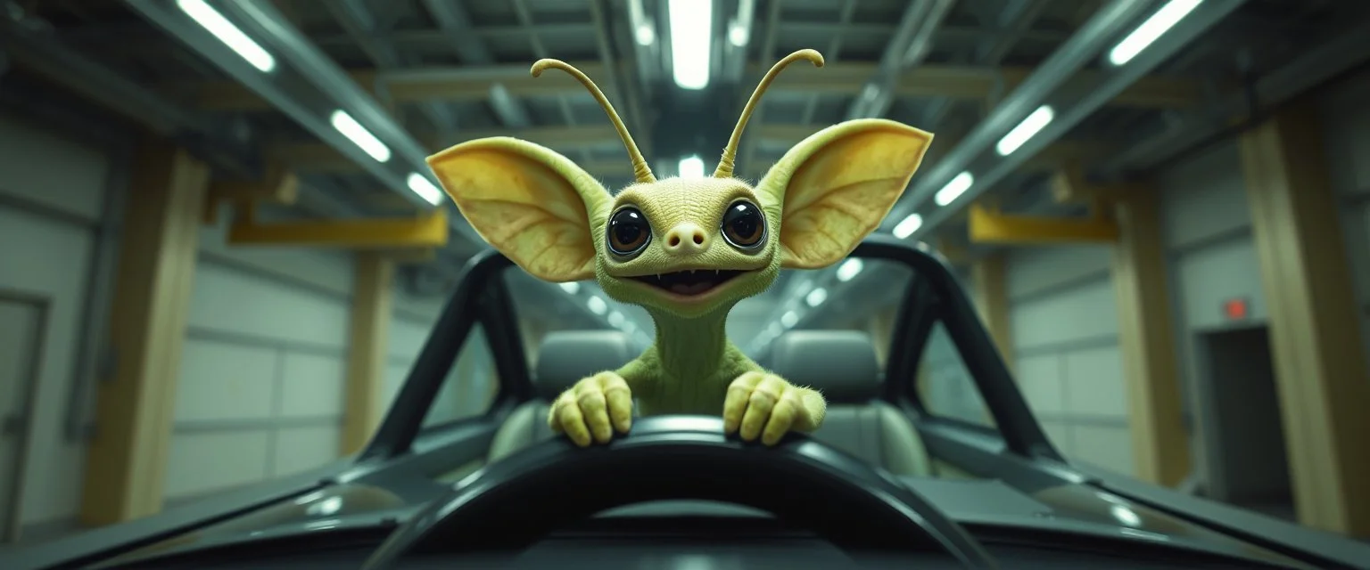 car driving happy 2d insect anime fluffy slimy alien gremlin man in the style of Escher and Giger and Fallout 4, pinhole cam, airbrush 3d rendering, on tv screen:A five-second cinematic single take in a clean industrial presentation hall.