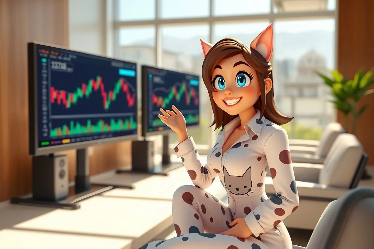 3D video game character blue eyed brunette woman in leisure suit with cat pattern on it enthusiastically and cheerfully watching crypto charts on big monitors in a modern room in sunshine