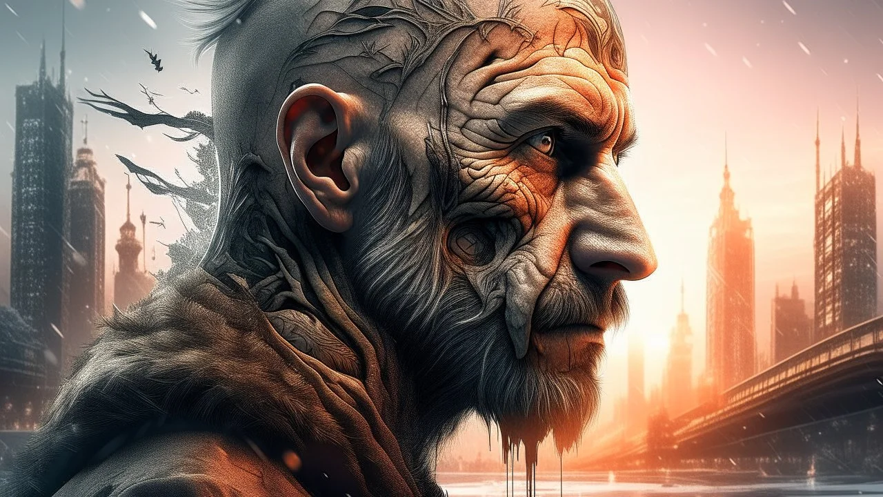 Double exposure, Wolfman, photorealism, man, city, sunset, snow, rain, fantasy, mystical, tattoo, vertical pupils, high detail, high resolution, 8K