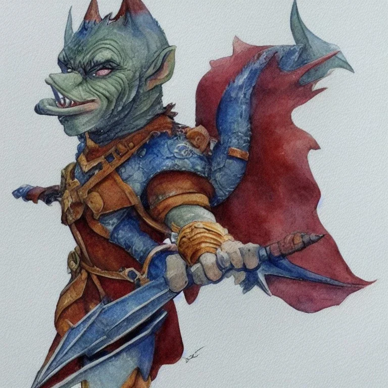 dungeons and dragons, fantasy, goblin, king, ochre skin, watercolour, blue nose, figure, pose, distinct face