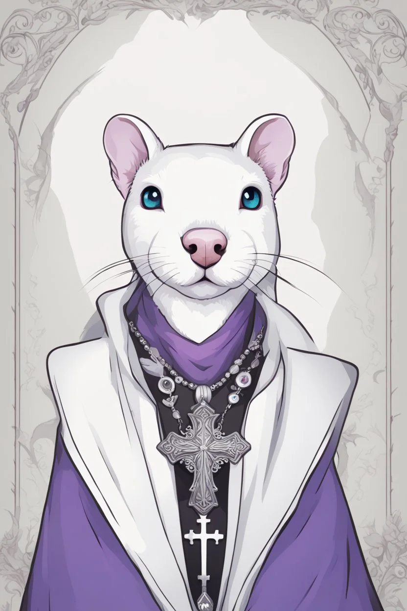 (anthropomorphic white ferret),dressed in ((cleric fantasy)) black and purple clothes with silver holy ornaments, realistic anatomy, holy symbols around, serious face, hold holy cross symbol, tired face, in the style of LOISH, look at the vivewer, blue eyes, cute face, 2d, ink lines, fantasy inspire, fantasy church on background with sunshine, gloomy atmosphere