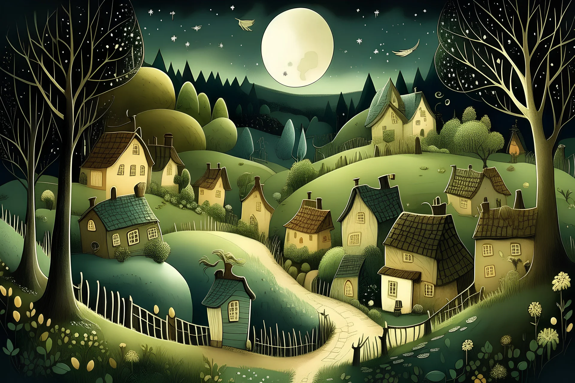 Generate an image depicting Whimsy Wood at night. Show a quaint village with cottages nestled among towering trees. The moon should cast a soft glow over the landscape, with winding pathways leading through the woods. Include a curious donkey named Doodle trotting through the village, with his eyes scanning his surroundings inquisitively.