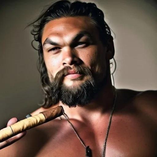 Jason Momoa smoking a cigar in 1955, dramatic light, high detail, cinematic