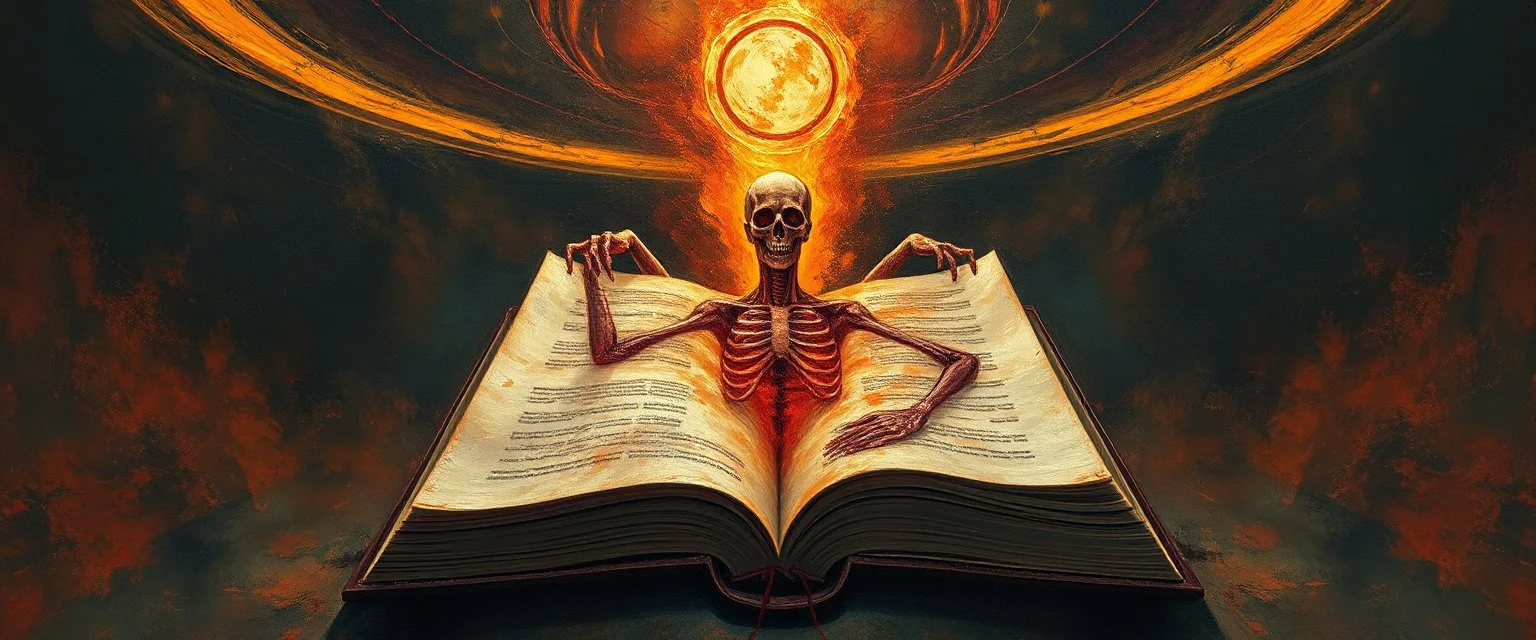 a high definition screen shot of A OPEN ANATOMY BOOK, retrofuturistic, phototrealism, Macabre Rapture End of days Revelation scene, loose brush stroke matte oil painting, sinner apotheosis,diagonal composition, unbalanced, abstract surreal horror, eerie, scary warm colors, Eldritch, JonKnockTurnal 2999 ufo, bilaterally