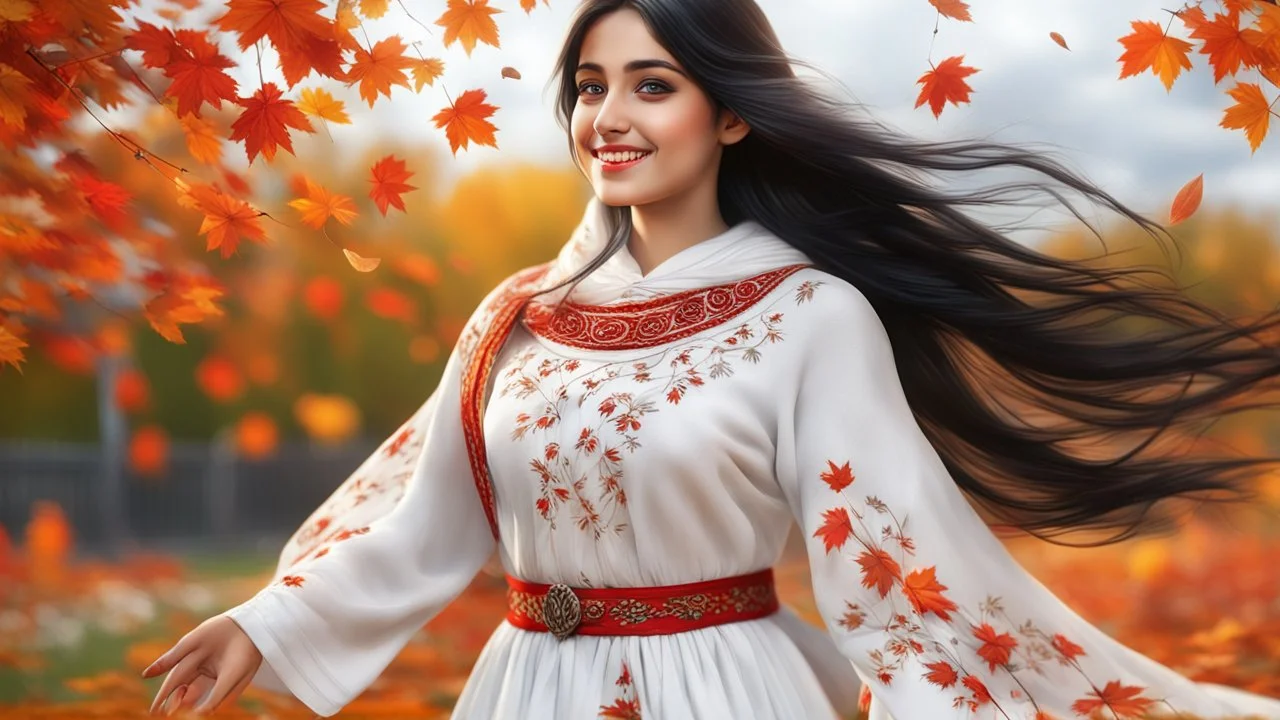 Hyper Realistic Close-Up-View of Extremely-Beautiful Young Happy Pashto Girl With Long-Black-Hair-Beautiful-Eyes-&-white-frock-with-red-shawl-with-white-embroidery Whirling-&-smiling in Autumn-Weather with cloudy sky in-an-Autumn-garden-with-orange-leaves-whirling-&-grass-arches showing dramatic & cinematic ambiance.