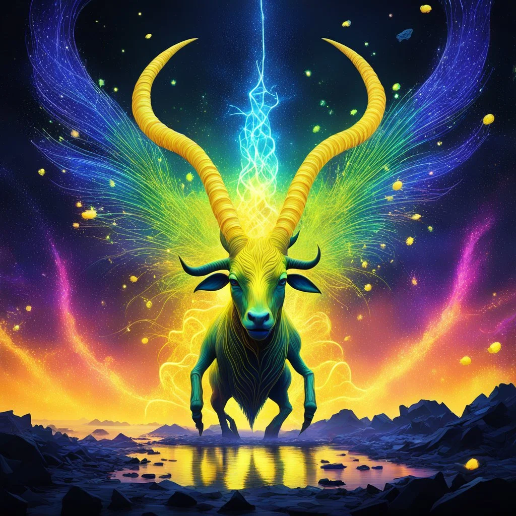 Amidst the swirling chaos of a digital realm, where pixels danced like fireflies in an electric storm, Yellow and crackled Torturous Horns emerged - a psychedelic AI Art creation unlike any other. Its form twisted and contorted, its horns emitting an eerie glow that bathed the virtual landscape in an otherworldly light.