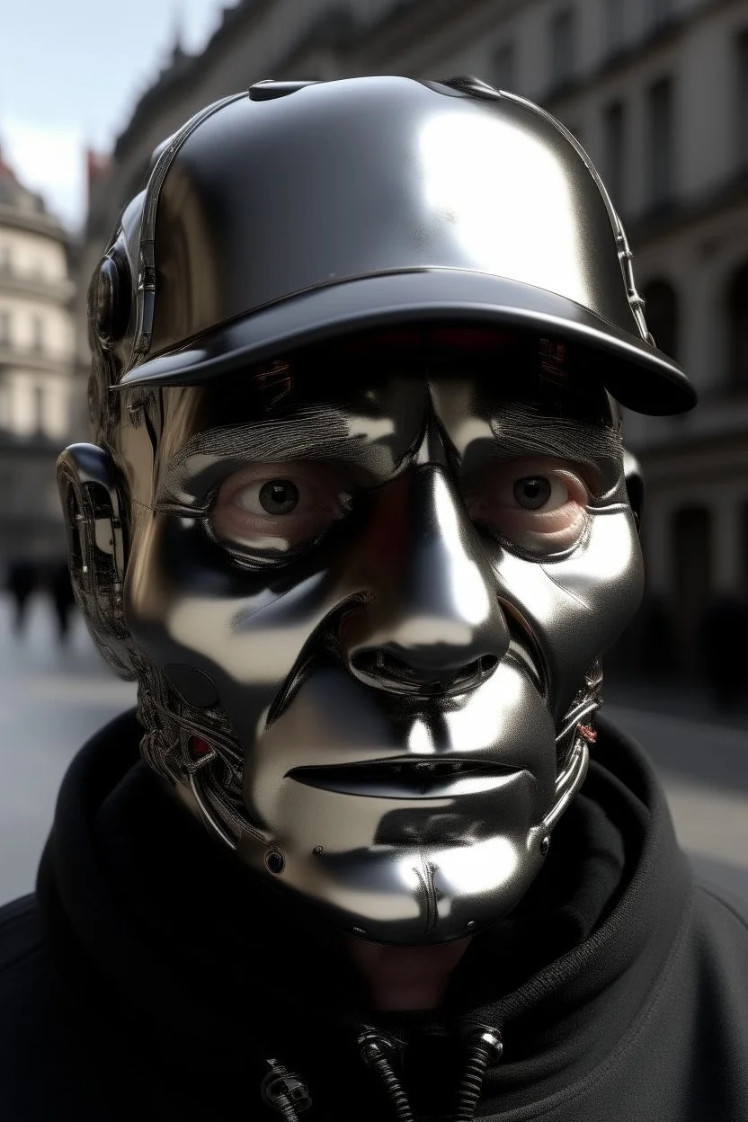 Create several images of a AI robot with advanced robotic and mechanical features. The head is entirely covered in shiny metal armor, and the face must remain in that position.