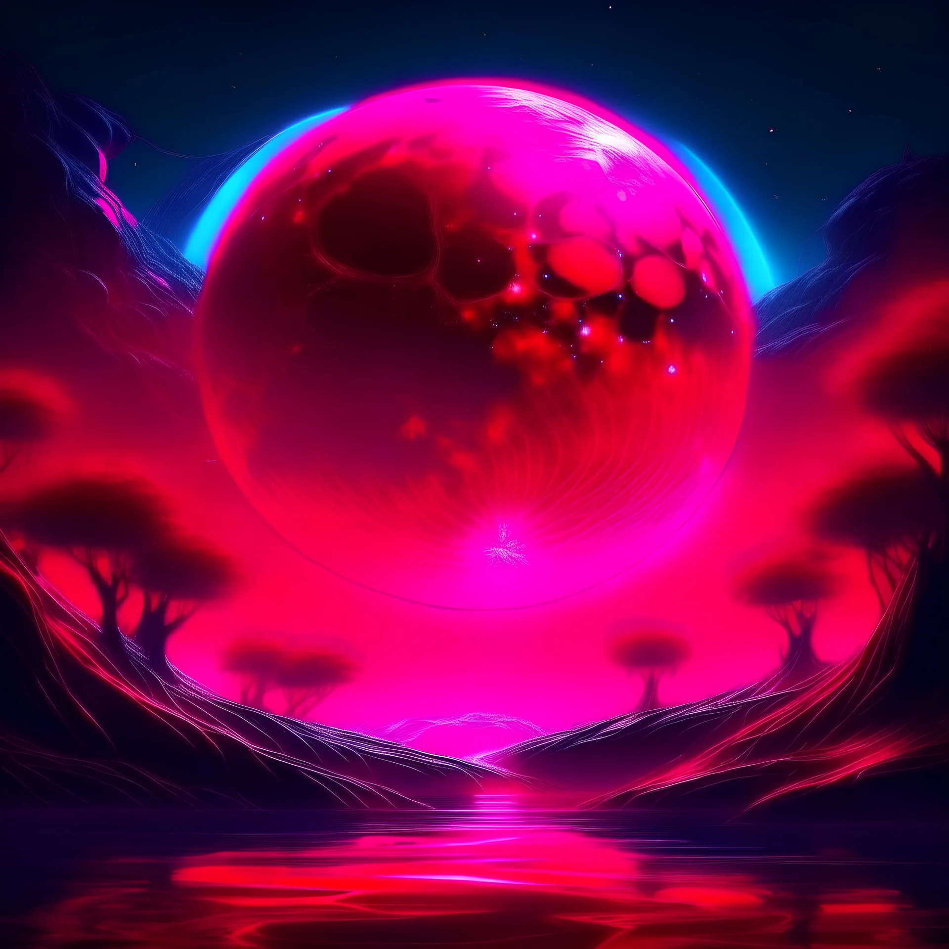 red moon ,synthwave style pic with light bioluminescence lights around