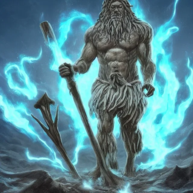 ancient colossal giant walking out of the ocean electrical crystal staff fire weapon explode, armor blue skin, muscles