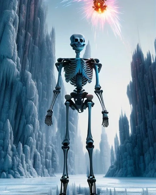 A frozen skeleton standing in a frozen lake, sharp focus, emitting diodes, smoke, artillery, sparks, racks, system unit, motherboard, by pascal blanche rutkowski repin artstation hyperrealism painting concept art of detailed character design matte painting, 4 k resolution blade runner, digital Art, perfect composition, beautiful detailed intricate insanely detailed octane render trending on artstation, 8 k artistic photography, photorealistic concept art, soft natural volumetric cin