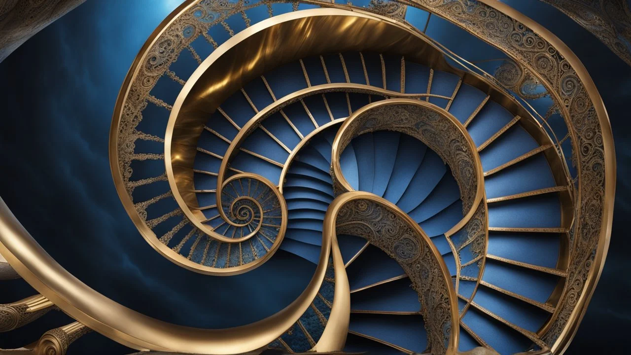 A stunning Nautilus shell house with a nautilus shell metal stair wide shot standing in the sea waves backdrop the deep blue Sea in golden hour, dark metallic, steampunk, hyperrealistic photo, Digital painting, Highly detailed, Sharp Focus, unusual spiral fractal architecture