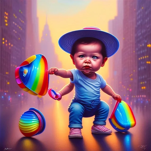 A one-year-old boy rides in the plastic funny toy-car on the middle of a busy street in new york. He has and a large-brimmed straw hat. somehow photographic bright colors and sunset, fantasy art, Anna Dittmann, digital painting, dan mumford, oil on canvas, jeff koons, akihito yoshida, wlop, kodachrome,