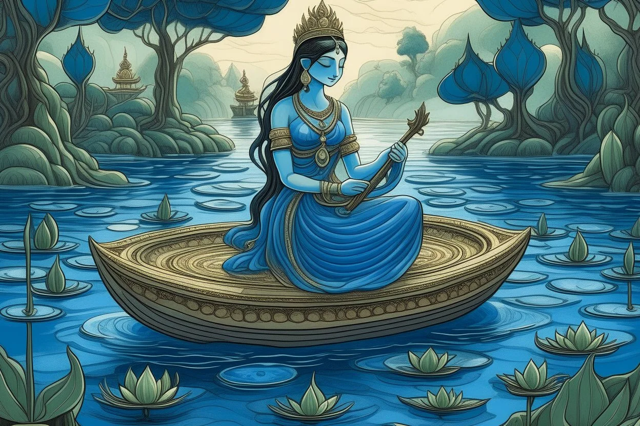 Draw a blue waterlily in pond above which goddess saraswati would be seated holding veena, a pirate ship is floating