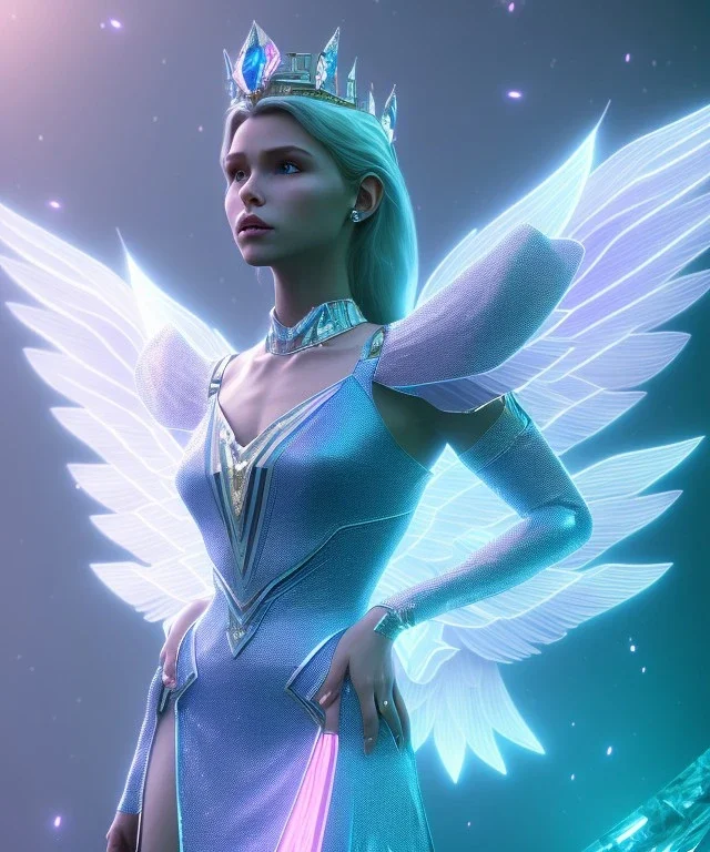 A crystalised queen, atmospheric, realistic, unreal engine, cinematic lighting, octane render. blue, pink, transparency, light, shine,bright, full body, transparent wings, blonde, long hair, nice smile