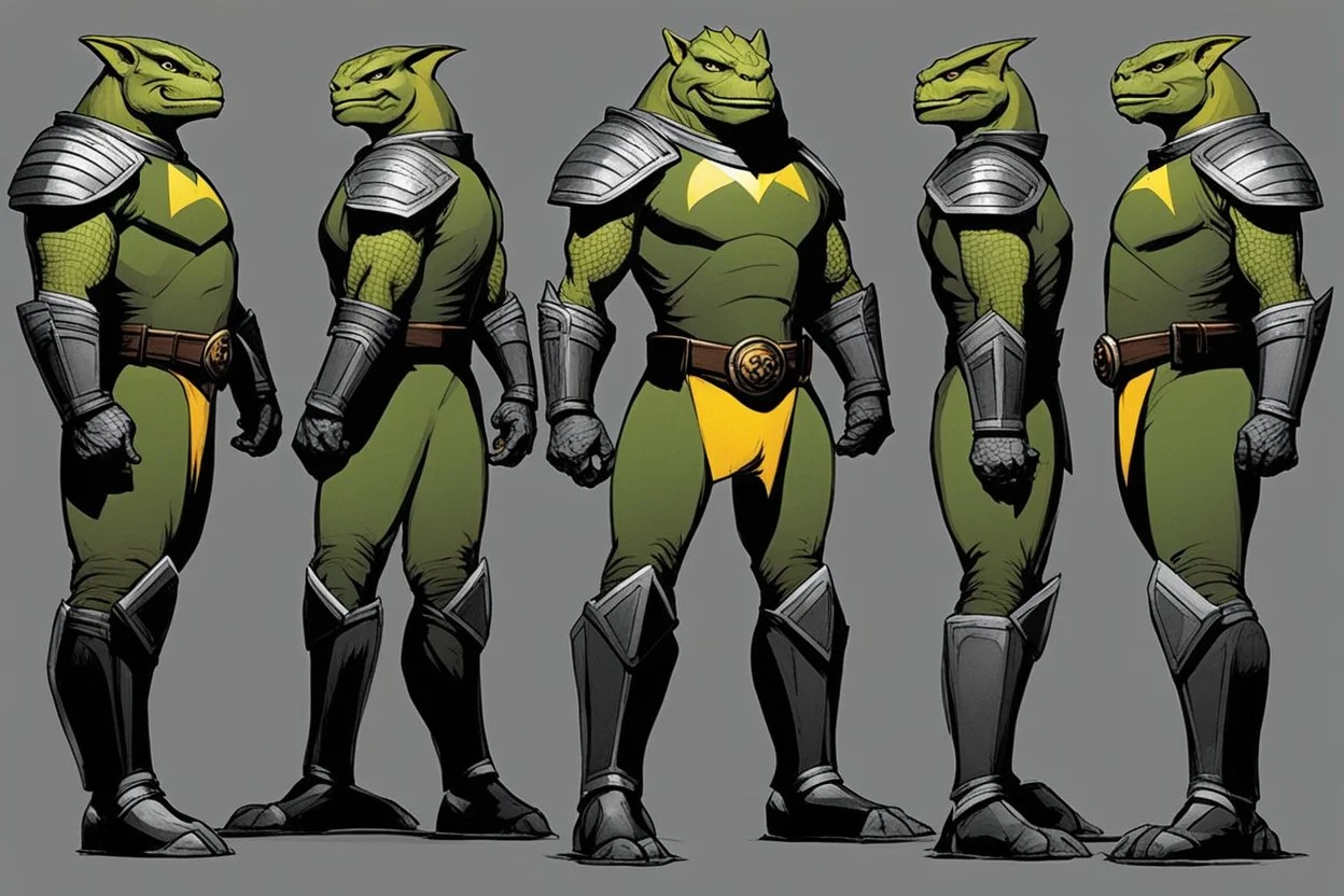 (Star Trek Lore) a Gorn aggressive warrior with his traditional equipment ## Layout & Perspectives Arrange strictly from left to right in the order of “front, side (either left or right), back” horizontally. The character's height, head-to-body ratio, shoulder width, and other skeletal proportions must be perfectly aligned horizontally across all three views, with strictly consistent sizing. ## Character Consistency Across all perspectives, the character's face shape, facial features, hai