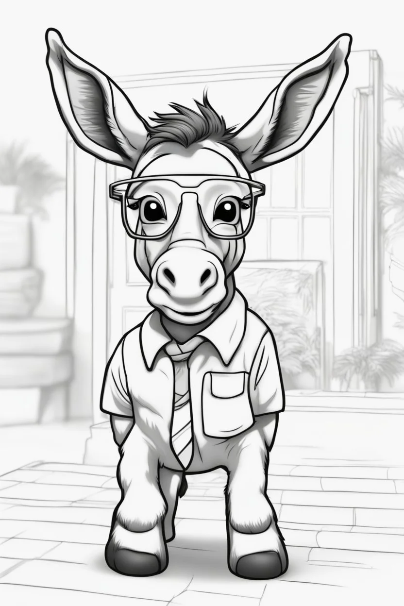 Outline art for cute coloring pages with donkey with glasses, full body, white background, sketch style, only use outline, clean line art, no shadows and clear and well outlined.