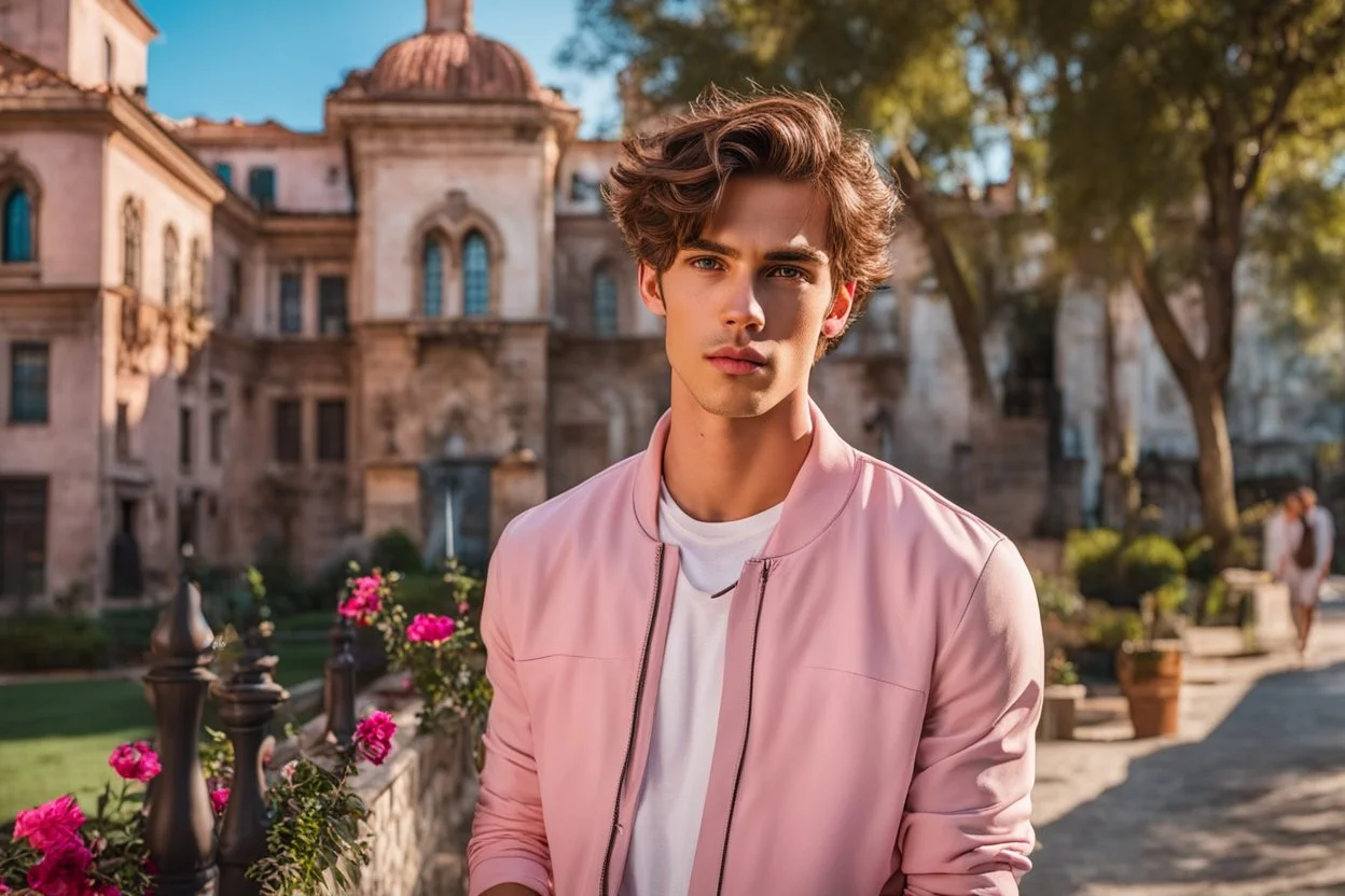 close up headshot portrait of beautiful teenage boy who looks like a girl, brown hair, red eyes, pretty body, pretty legs, perfect face, Wadim Kashin, James Gurney, Ink, splash art, amazing beauty, college courtyard background, has pink accents on clothes