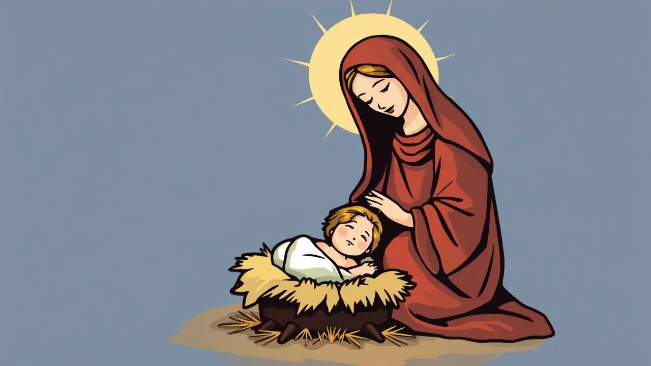 Design for a religious Christmas card showing the nativity of Jesus with his mother Mary