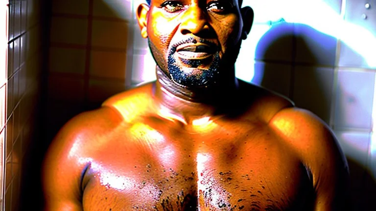 portrait photo of stocky marocan 40 years old under the shower, manly chest, big tights, in a old bathroom, misery and poverty, photorealism, 35mm lens, ultra detailed