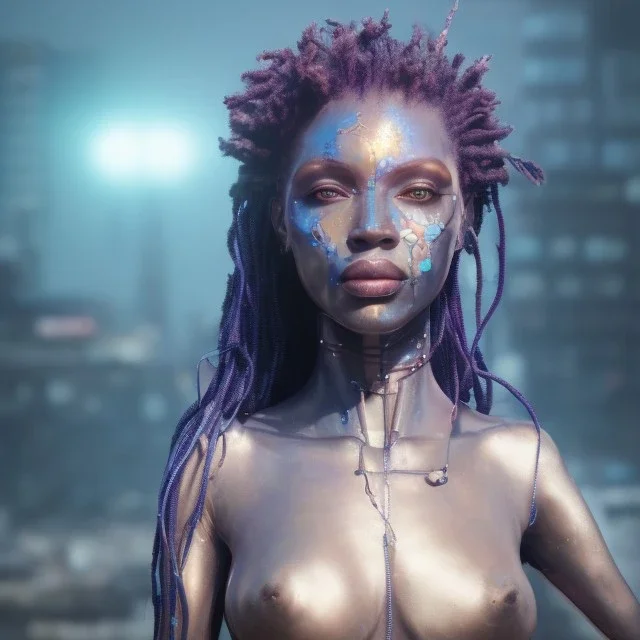 portrait,beautiful african robotic sirene, post-apocalyptic in a cyberpunk city, realistic, intriacte detail, sci-fi fantasy style, volumetric lighting, particales,highly detailed,cinematic, deep blue.