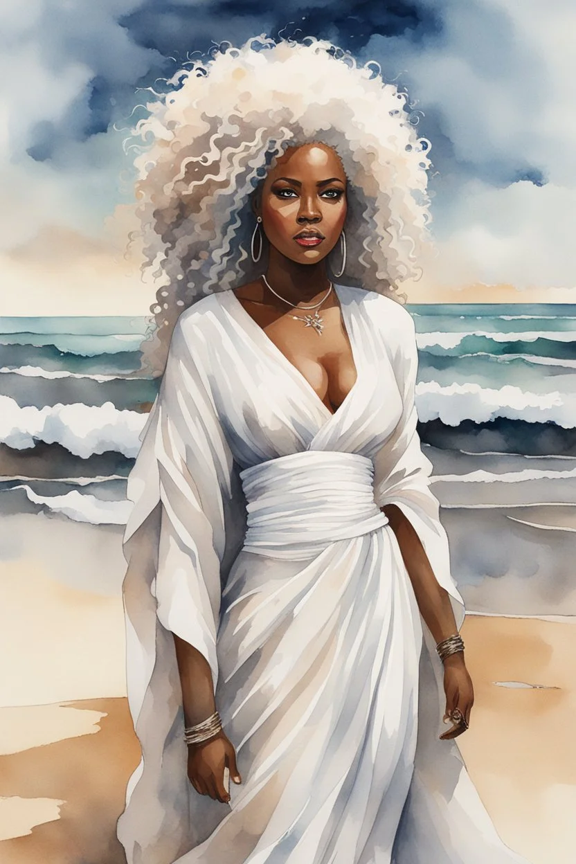 Create an urban culture watercolor painting of a beautiful thick black female wearing a soft white maxi dress and a white hair wrap. Prominent make up with lush lashes. Highly detailed tightly curly afro. Background of her walking in the sand by the ocean.