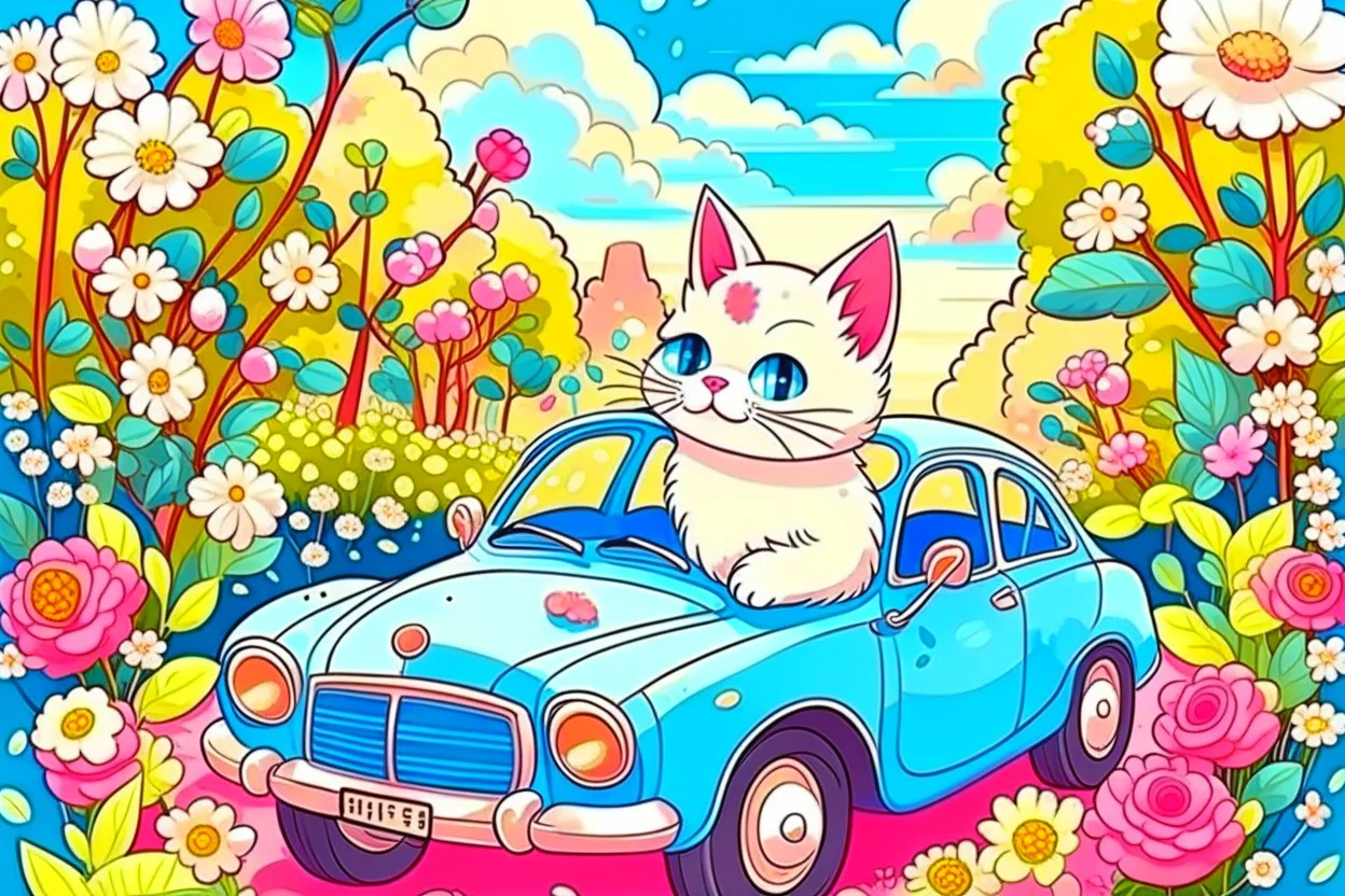 a cute proud chibi fluffy beige cat driving a car made of flower buds: roses, forget-me-nots, hydrangeaes on a cobblestone road in a forest next to a pond in sunshine