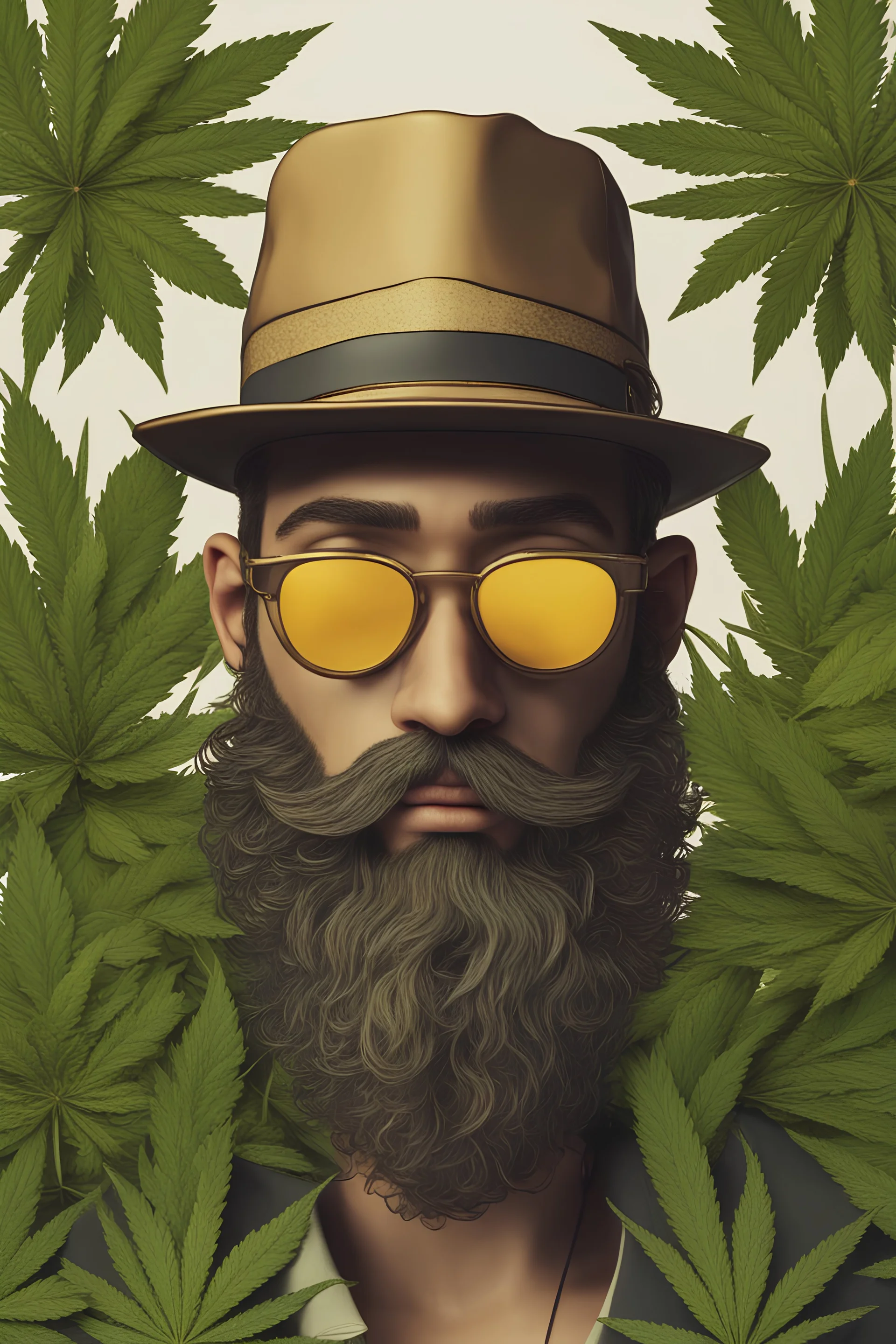 Animacion 3d realista de un hombre joven con mirada misteriosa que es amigo de los dioses. Se dedica a cultivar cannabis y curar al mundo con sus plantas. Su rostro posee una barba en forma de cogollo de color verde dorado,usa gorra y lentes espejados tipo ray ban