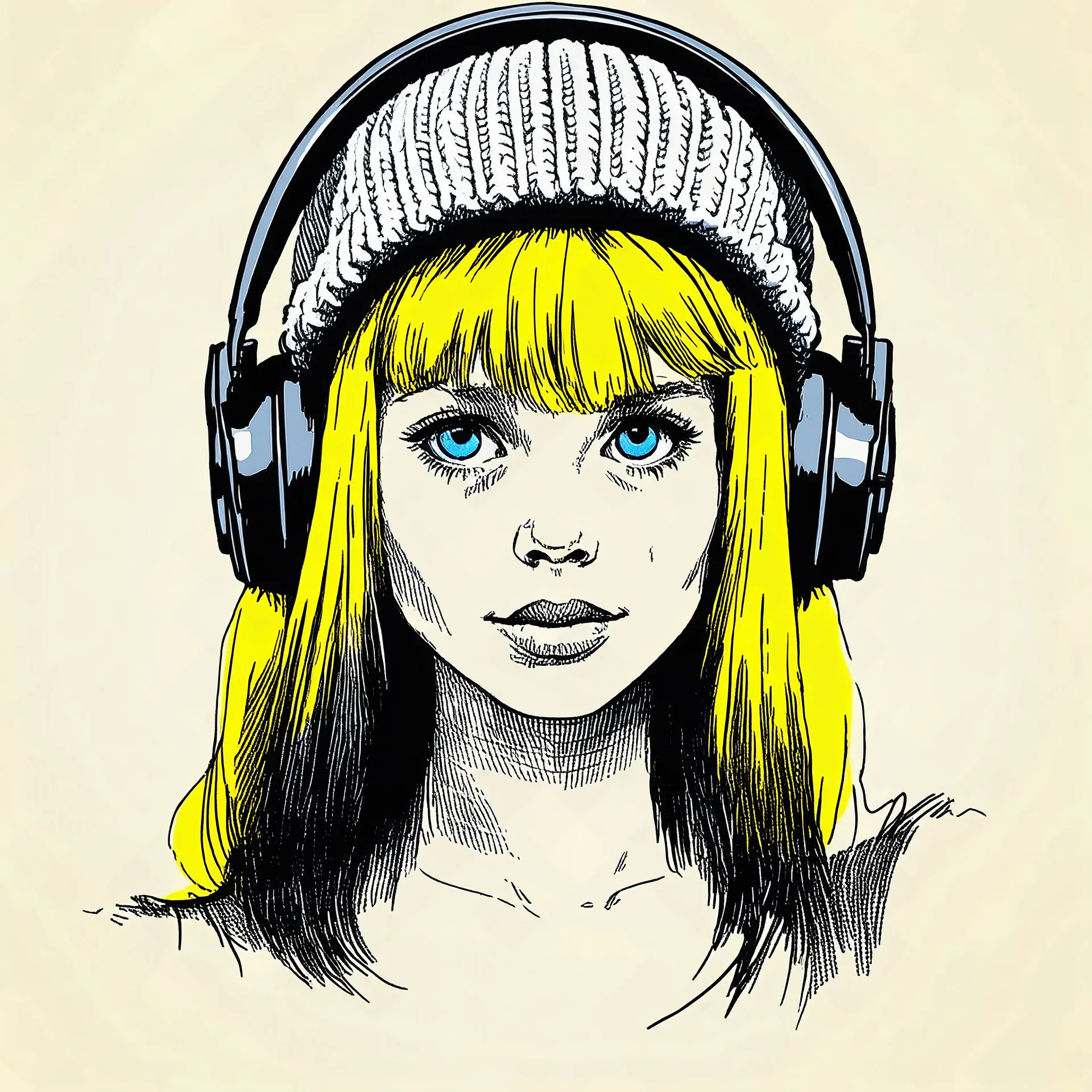 Sketch of a girl with yellow hair like brigitte bardot, with big blue eyes and black hair, a woollen hat. Listening to music. In the 70s