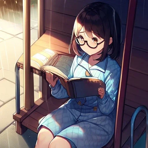 anime girl sitting on a porch swing of an old house, journaling, wearing pajamas, writing in a book, shes watching it rain, more detail on hands and her face,shes deep in her thoughts, wearing glasses, rain drops, she has a pencil in her hand and is writning in the book, she is looking down at what she is writing