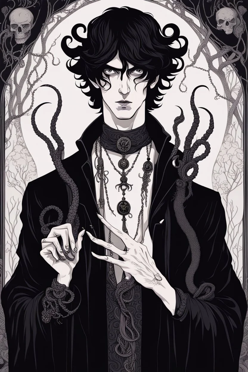 black haired young man necromancer wizard with gothic jewelry and tentacle fingers in the style of Aubrey Beardsley