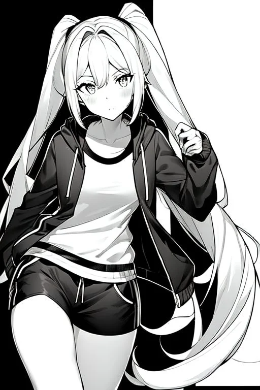 blonde girl with ponytails dressed in a jacket and shorts walks proudly, greyscale