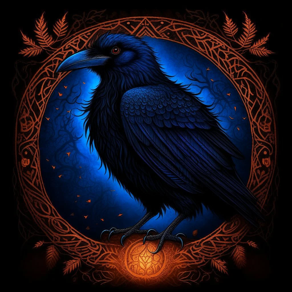 Mighty Raven with nature and runes and glowing eyes