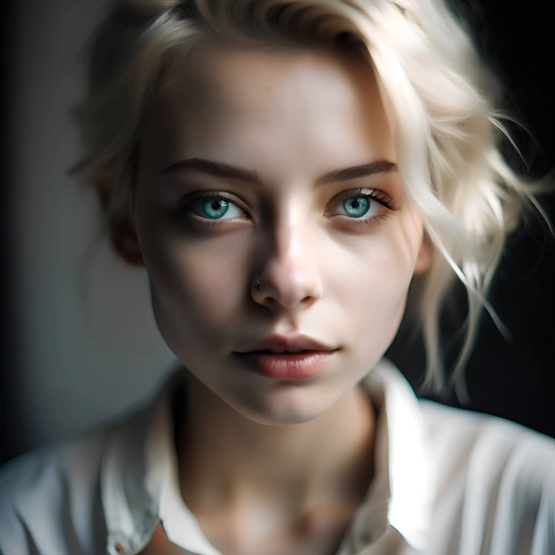 woman, twenty years old, white blond shortish hair, wavy, strong facial features, sof nose, light grey eyes, light pale skin, rose lips whithe shirt, portrait, close up, beatiful young woman, many shadows, hair tied up, loose strands framing face, NO piercings