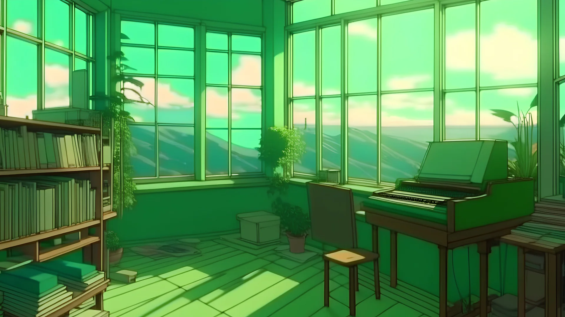 romantic green academia anime style art scenes for the background of a lofi music mix video, no people