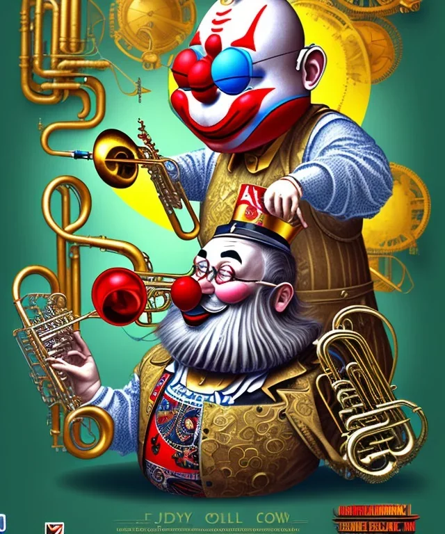 mechanoid old friendly fat clown with trimmed beard playing jazz with a steampunk theme, trumpet, realistic