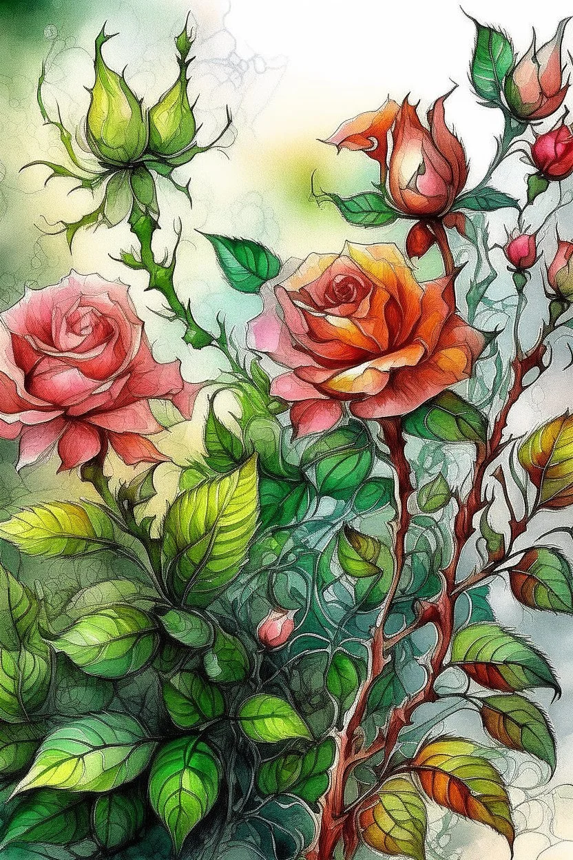 sketch, delicate drawing, watercolor painting, beautiful landscape, a branch of lush non-pink lace roses with buds, many large and small flowers, buds, different shades of color, pixel graphics, many details, sensuality, realism, high quality, decoration, hyperdetalization, professionally, filigree, hyperrealism, backlight, contrast, fantastic, fabulous, unreal, translucent, luminous, clear lines, light green, bluish background at the top, white edges