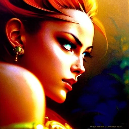 Drawing of beautiful face,busty Cammy-street fighter,intense stare,Minimal ancient armor, balanciaga fashion clothe painting by gaston bussiere, greg rutkowski, yoji shinkawa, yoshitaka amano, tsutomu nihei, donato giancola, tim hildebrandt, oil on canvas, cinematic composition, extreme detail,fit full head inside picture,16k