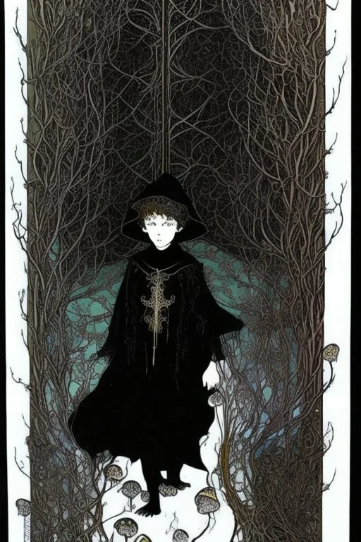 7 year old boy, friendly, looks dead, with weird mushrooms growing out of him, wearing black robes, in the style of Harry Clarke