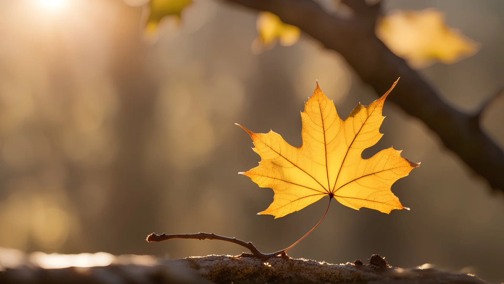 autumn sycamore leaf on branch, close-up, side bright sunlight, blurred background