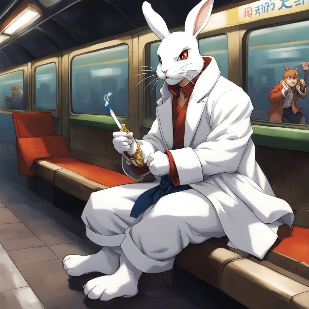 [Street Fighter III: New Generation/Official Art by Daigo Ikeno] the knitted white rabbit wears a long coat and sits in the subway, smoking a cigarette