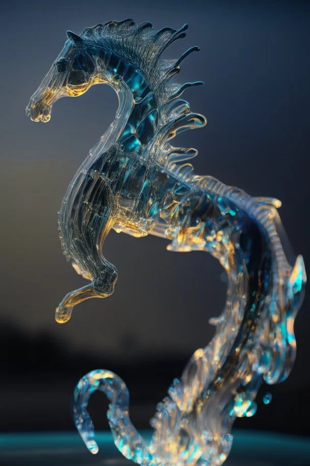 glass sea horse sculpture with indentations, art, 4k, hi detail, trending art, depth of field, volumetric light, dramatic lights