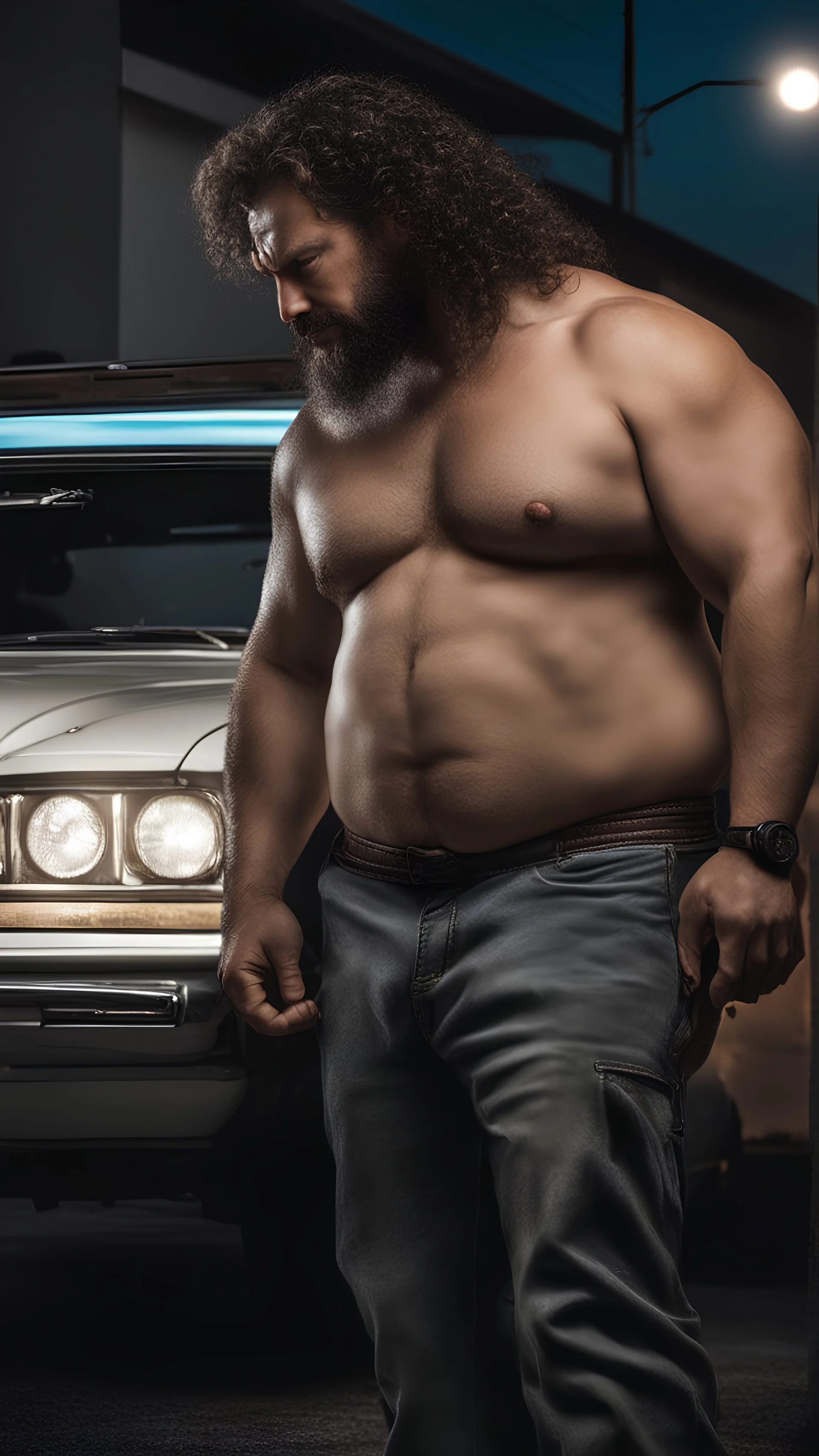 strong burly chubby turkish mechanic 44 years old, curly hair, wet, short white beard, manly chest, hairy, shirtless in bulging dirty white boxer and tank top, big shoulders, tattoo, big calves, barefeet, angry, photorealistic, side light, inside a dark parking lot at night, side neon light, photoRealistic, view from the ground